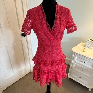 French Connection Coral Lace Cocktail Dress with Tiered Skirt, Size 2